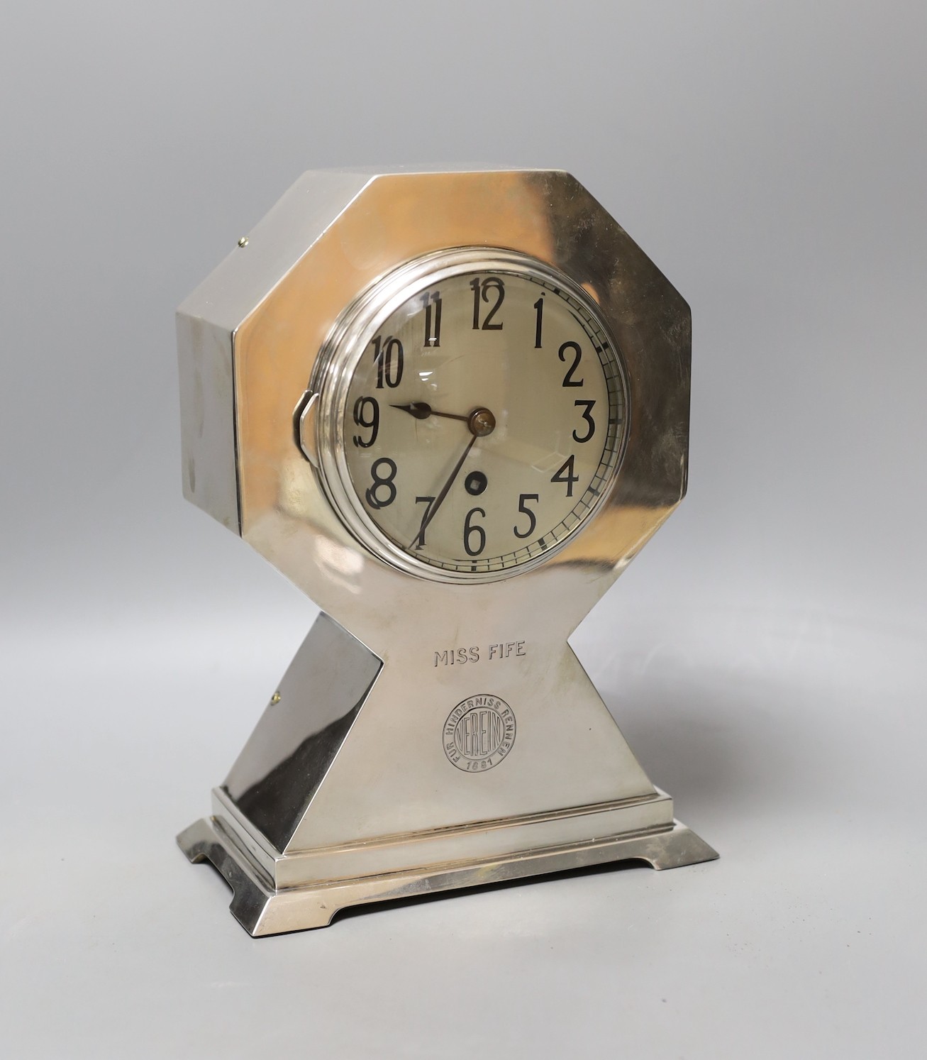 An early 20th century German 800 standard white metal cased mantel clock, retailed by Friedlander, Berlin, height 25.5cm.